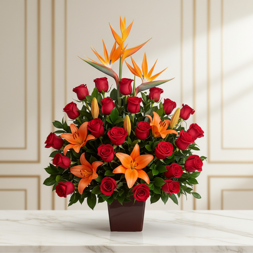 Arreglo de rosas rojas y lirios naranjas con aves del paraíso en maceta marrón sobre mesa de mármol, con fondo interior elegante