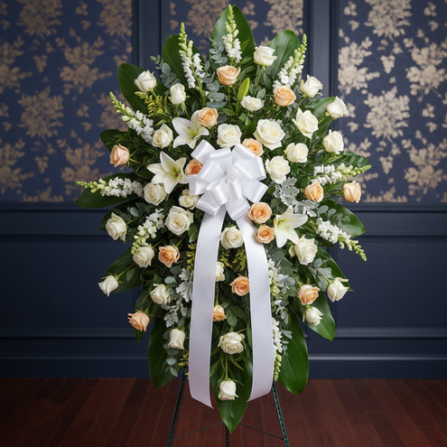 Arreglo funerario en forma de corona con rosas blancas y crema, lirios blancos y follaje verde, decorado con gran lazo blanco sobre caballete metálico