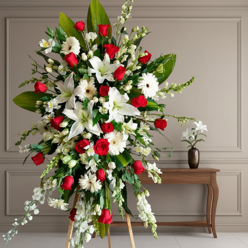 Corona funeraria grande con rosas rojas, lirios y gerberas blancas sobre caballete de madera en interior elegante