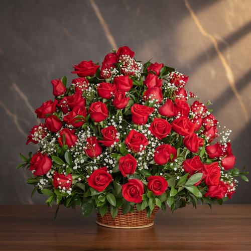 Canasta de mimbre sobre mesa de madera con gran arreglo de rosas rojas y flores blancas pequeñas frente a fondo marmoleado oscuro