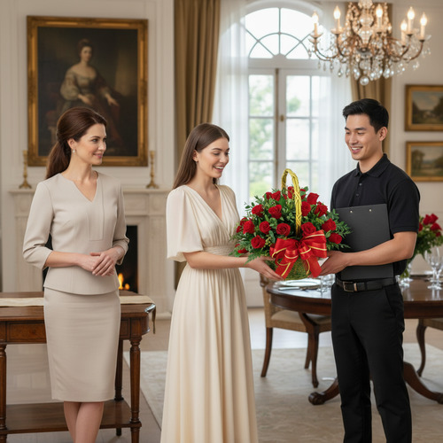 Repartidor entrega un gran arreglo de rosas rojas con lazo a una mujer joven en un salón elegante, mientras otra mujer observa sonriendo