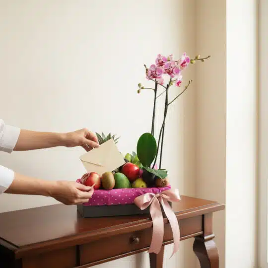 Manos delicadas colocando una tarjeta en un Arreglo ANTONELLO con orquídea Phalaenopsis rosa y frutas frescas sobre una mesa