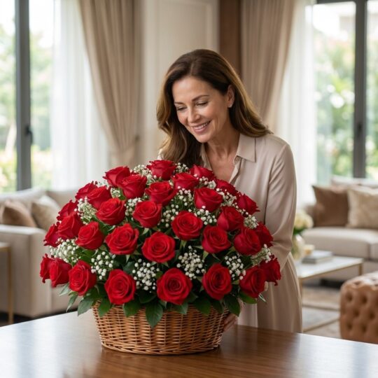 Mujer elegante admirando un gran arreglo floral de rosas rojas en una cesta de mimbre, en un lujoso salón con luz natural.