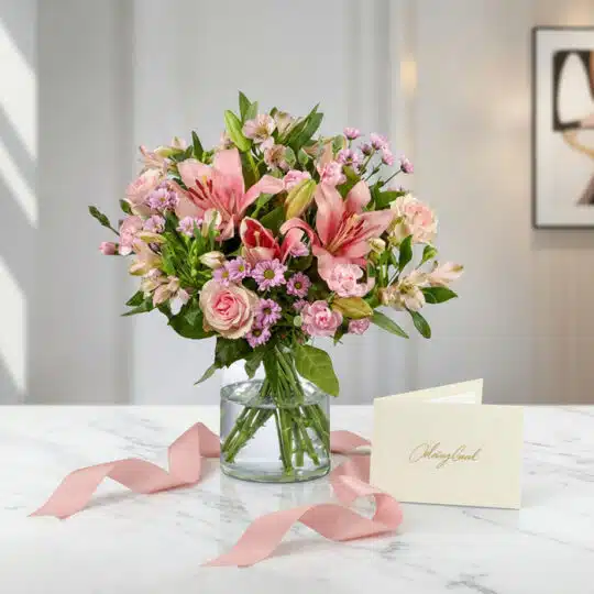 Arreglo floral ANNA con rosas rosadas, lirios y alstroemerias en jarrón de cristal, sobre mármol blanco con tarjeta de regalo