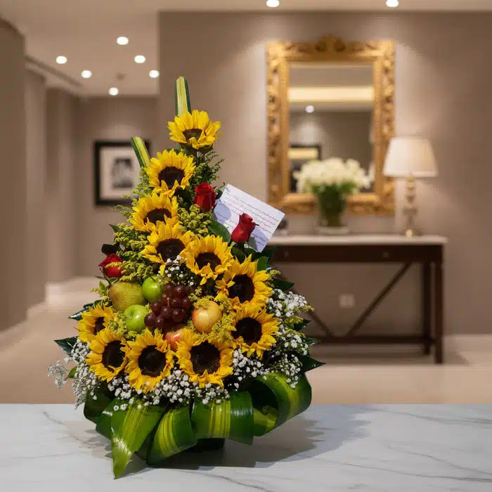 arreglo floral dorado girasoles frutas u4sk