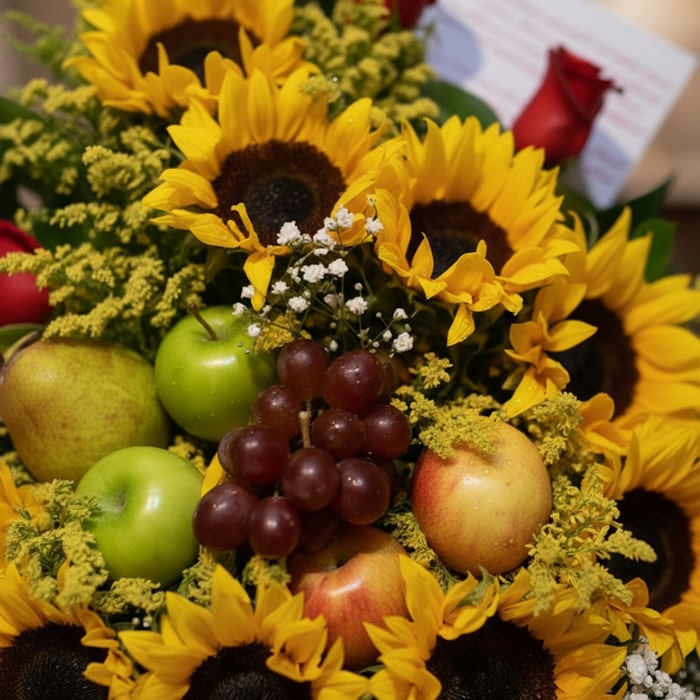 arreglo floral dorado girasoles frutas ykpwtnr