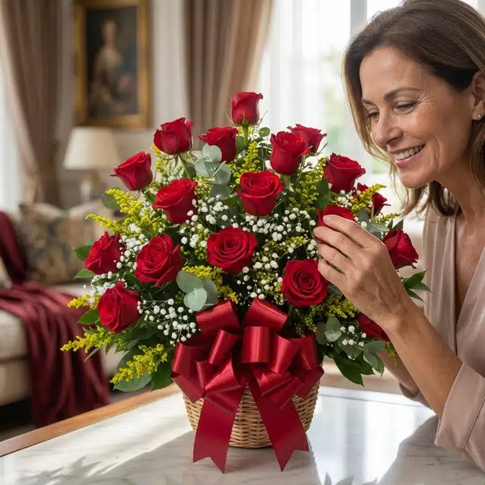 arreglo floral escarlata mujer admirando
