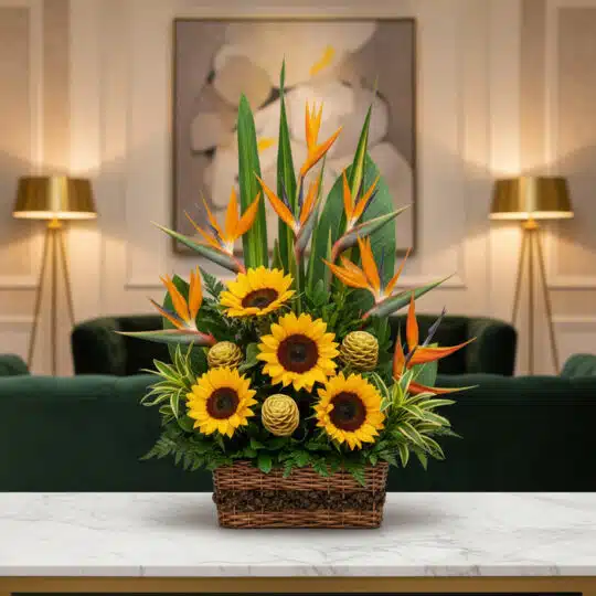 Arreglo floral Fantasía con girasoles vibrantes, exóticas aves del paraíso y detalles verdes en cesta de mimbre, sobre mesa d
