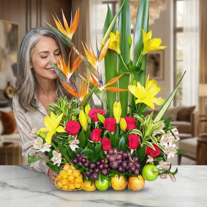 arreglo floral frutas akebia mujer admirando qtlt