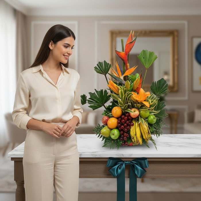 arreglo floral frutas alfa mujer