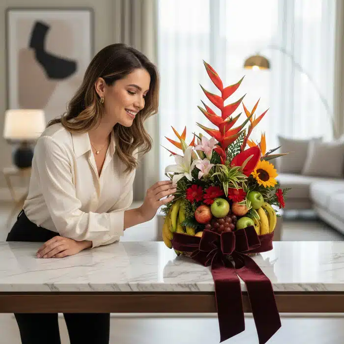 arreglo floral frutas eclipse mujer admirando ochm0z