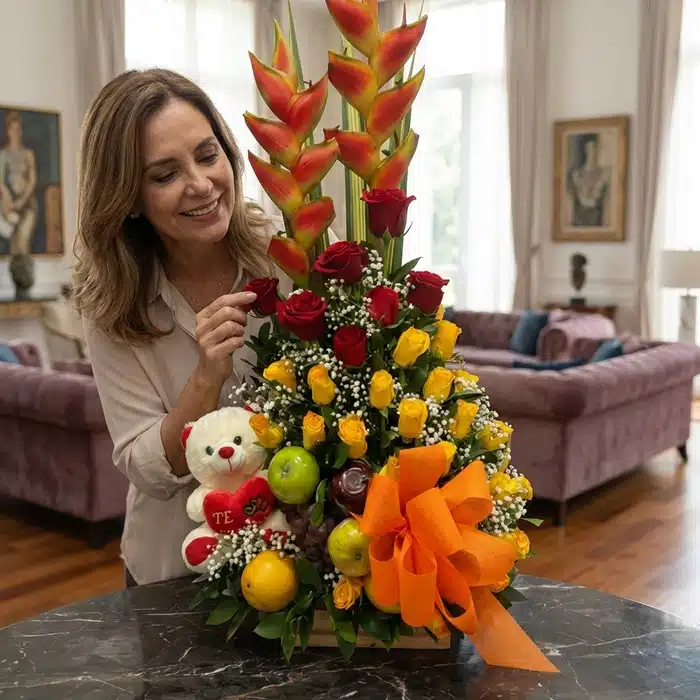 arreglo floral frutas encanto mujer