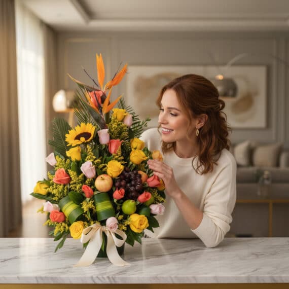 Mujer elegante admirando un arreglo floral con frutas tropicales, girasoles, rosas y aves del paraíso en un interior de lujo.