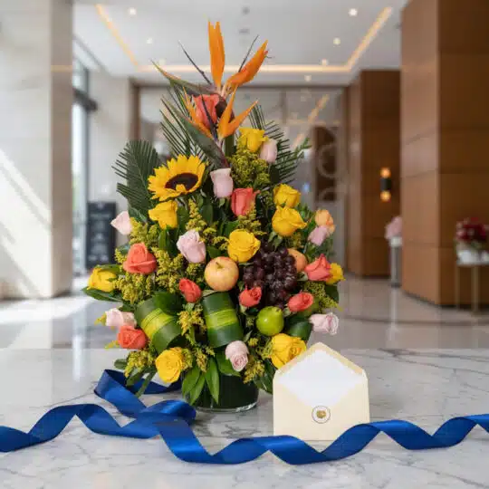 Arreglo floral con rosas amarillas, naranjas y rosadas, girasol, aves del paraíso, uvas, manzanas y tulipanes, sobre mármol c