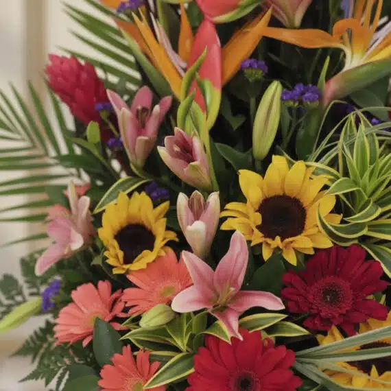 Primer plano extremo del Arreglo Floral IDARA con rosas, girasoles, lirios y aves del paraíso, mostrando texturas hiperrealis