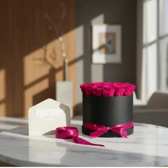 Arreglo floral Marena con 21 rosas fucsia vibrantes en caja negra, tarjeta de regalo y cinta satinada sobre mesa de mármol, l