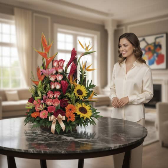 Mujer elegante admira el Arreglo Floral PIA con rosas, girasoles, aves del paraíso y jengibre rojo en una mesa de mármol, fon