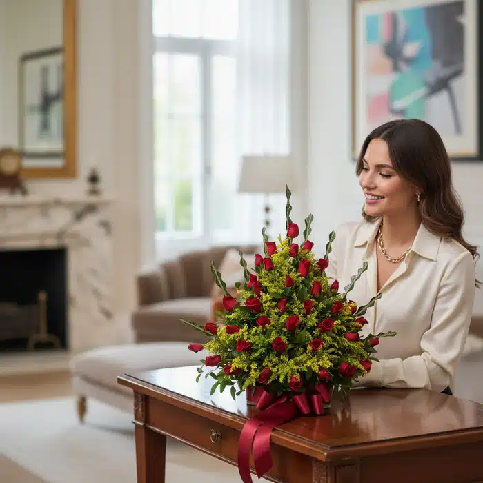 arreglo floral rosas cupido mujer elegante 5andtyvz