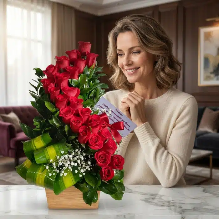 arreglo floral rosas espiral mujer admirando zewznr2e