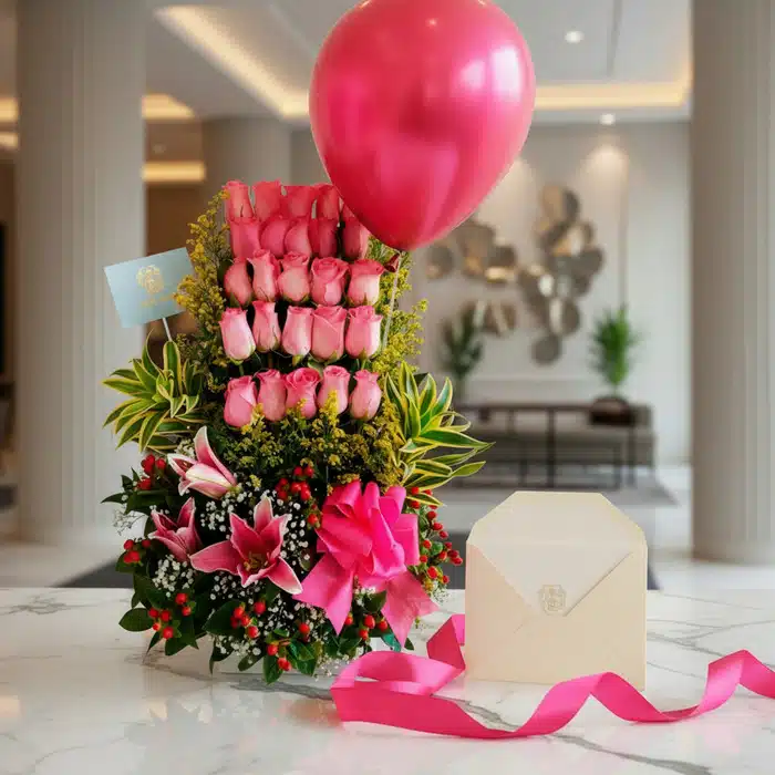 arreglo floral rosas rosadas globo z6wjzhb8