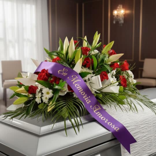 Arreglo floral fúnebre cubre caja Paraíso con rosas rojas, lirios blancos y follaje verde, adornado con una cinta morada que