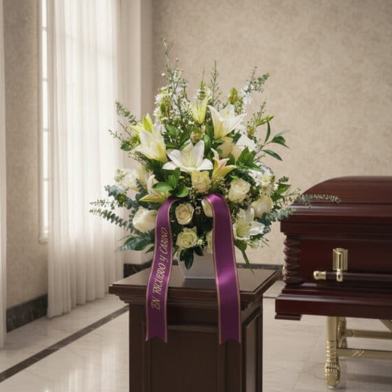 Arreglo floral fúnebre perpetuo con lirios blancos, rosas y follaje verde, adornado con una cinta morada que dice 'EN RECUERD