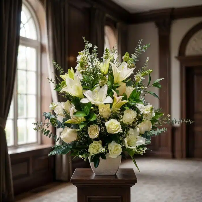 arreglo funebre perpetuo lirios rosas blancas waufmg