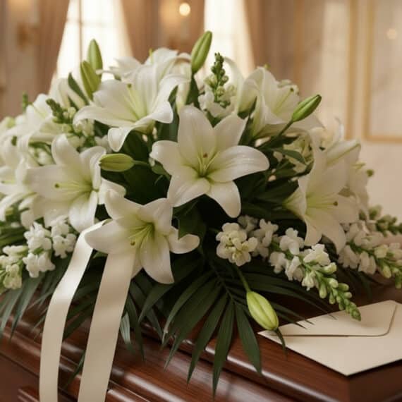 Arreglo fúnebre de rosas blancas y lirios con rocío sutil, cinta satinada y borde de sobre de condolencias. Texturas hiperrea