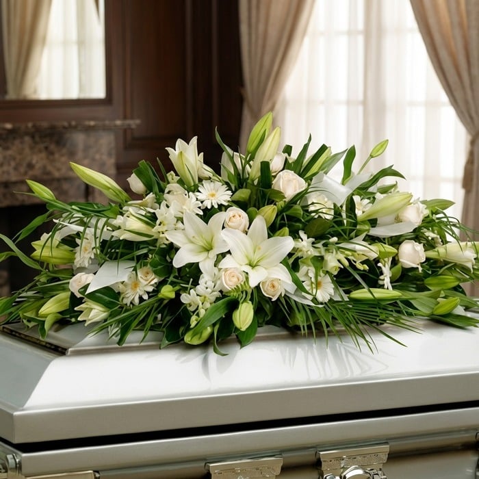 Funeral Arrangement Covers Box With White Roses and Lilies