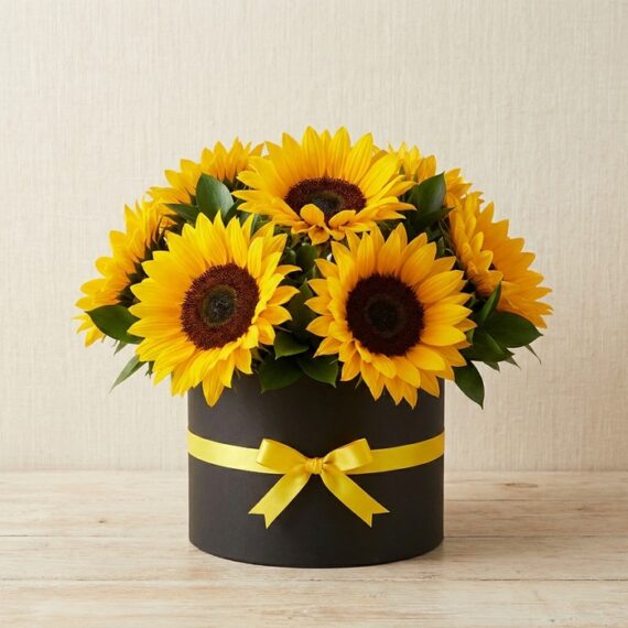 Arreglo de Girasoles MARISA: Elegancia y Alegría para Regalar Arreglo floral de girasoles MARISA en caja negra con lazo amarillo, ideal para ecommerce de floristería, con fondo elegante e