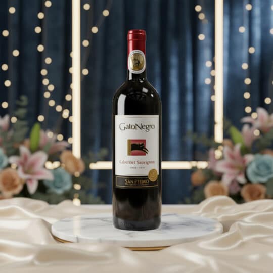Botella de vino tinto Gato Negro Cabernet Sauvignon en un elegante estudio con arreglo floral y luces cálidas, ideal para eco