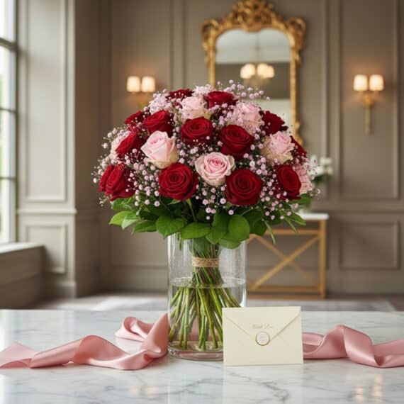 Bouquet ELETRA con 20 rosas rojas y rosadas, envuelto en cinta de satén rosa y tarjeta de regalo, sobre mármol en un lobby el