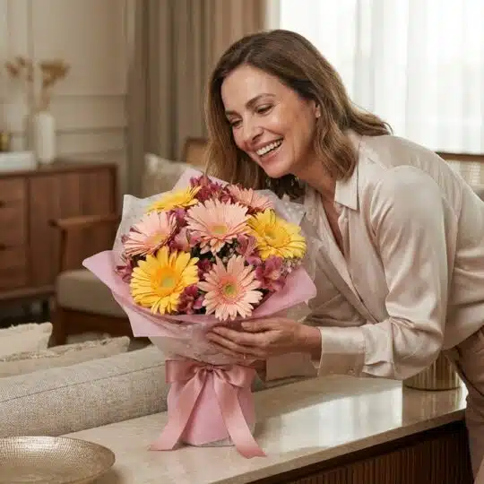 Mujer sonriente admirando un hermoso bouquet de gerberas multicolor (rosas, amarillas y alstroemerias) envuelto en papel rosa