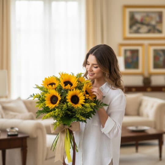 Mujer joven y elegante con camisa blanca admira un gran bouquet de girasoles frescos y radiantes, atado con un lazo de yute,