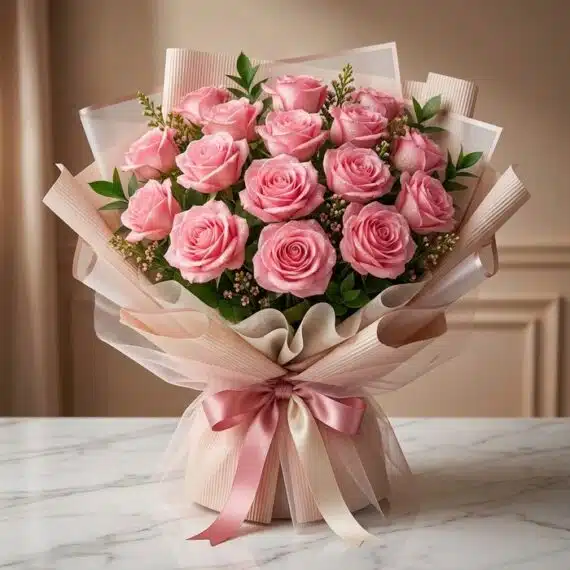 Bouquet Lionetta: 18 Rosas Rosadas Frescas para Momentos Inolvidables Bouquet Lionetta con 18 rosas rosadas frescas y abiertas, envuelto en papel coreano rosa y beige, sobre una mesa de mármol bl
