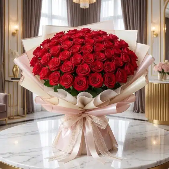 Bouquet PAOLA: 72 Rosas Rojas en Empaque Coreano de Lujo Imponente Bouquet PAOLA con 72 rosas rojas frescas y abiertas, envuelto en elegante empaque coreano, sobre mesa de mármol en