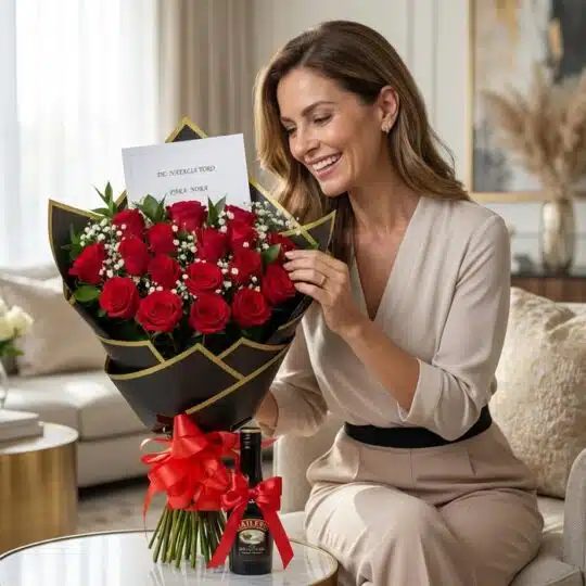 Mujer elegante sonriendo y admirando un hermoso bouquet de rosas rojas con un lazo rojo y una botella de Baileys, en un lujos