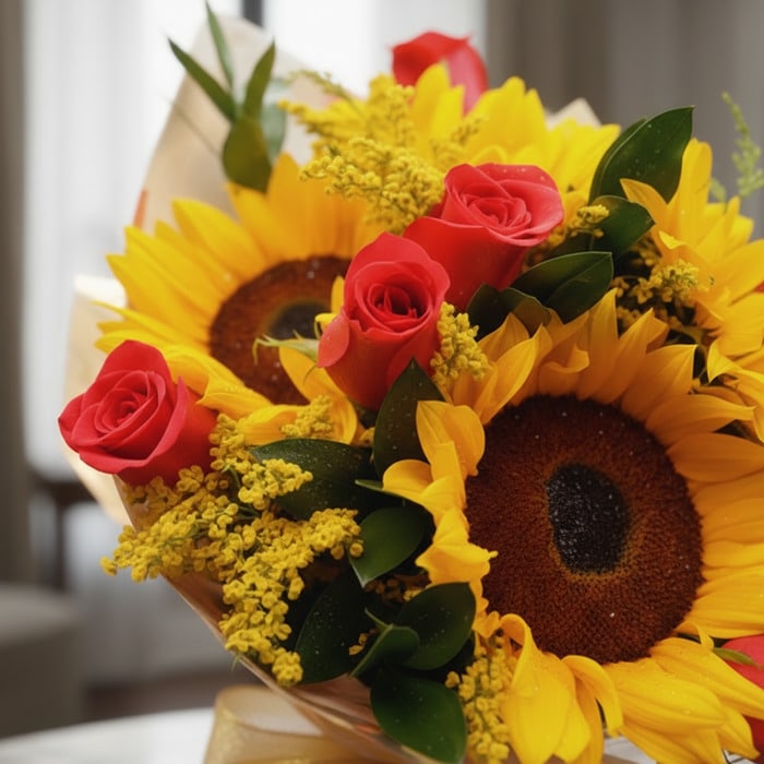 bouquet rosas girasoles macro fresco