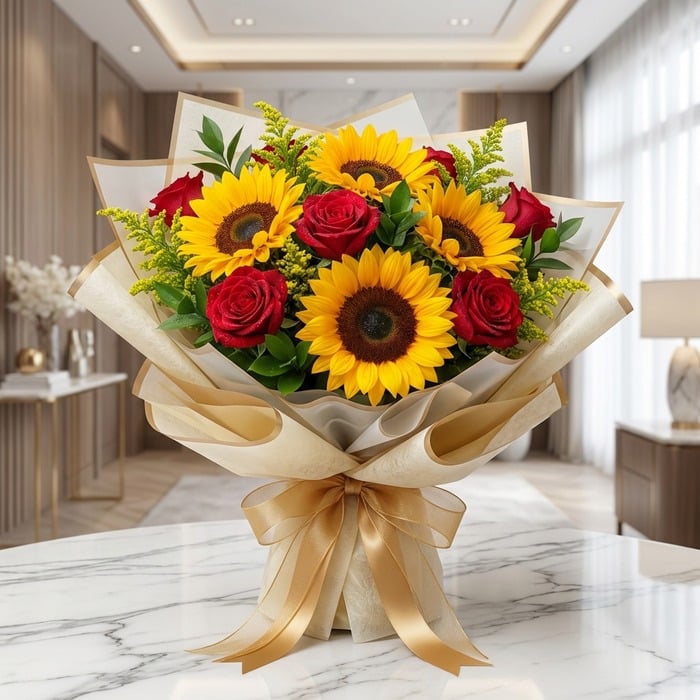 Bouquet of Red Roses and Sunflowers