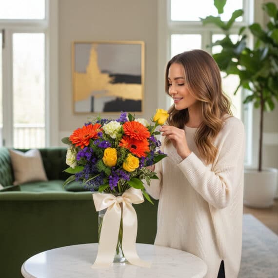 Mujer joven sonriendo y oliendo delicadamente una rosa amarilla de un bouquet vibrante con gerberas naranjas, rosas amarillas