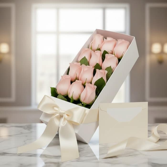 caja 12 rosas rosadas regalo elegante