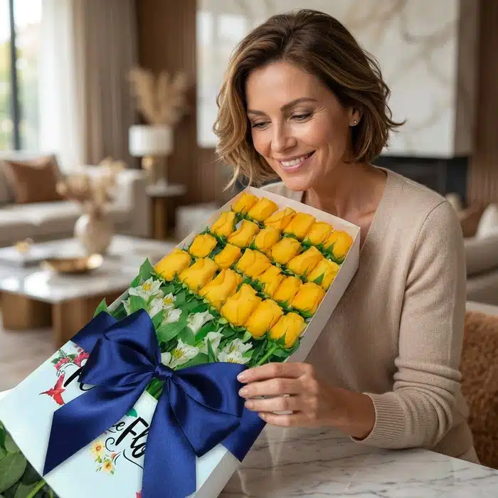 caja 24 rosas amarillas mujer feliz