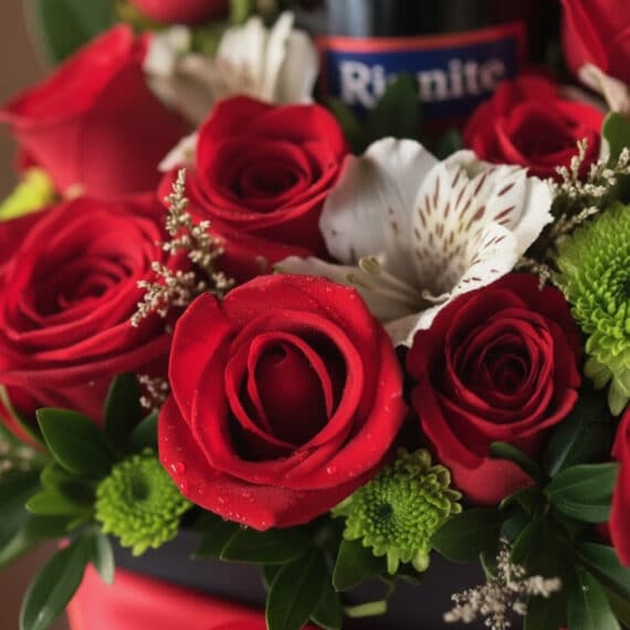 Primer plano extremo de rosas rojas frescas con gotas de rocío, lirios blancos y crisantemos verdes, parte de la Caja Floral