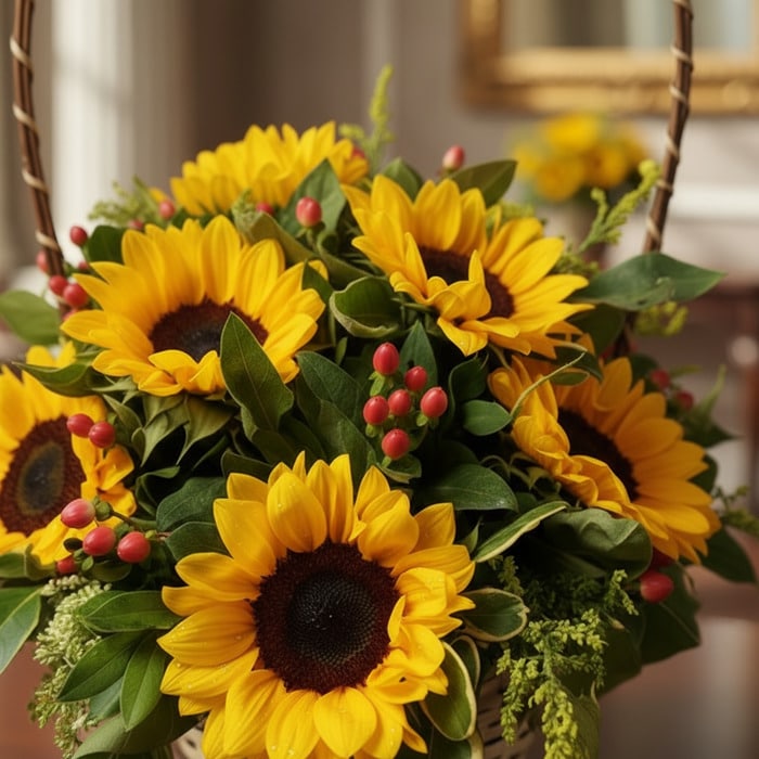 canasta floral girasoles frescos rocio