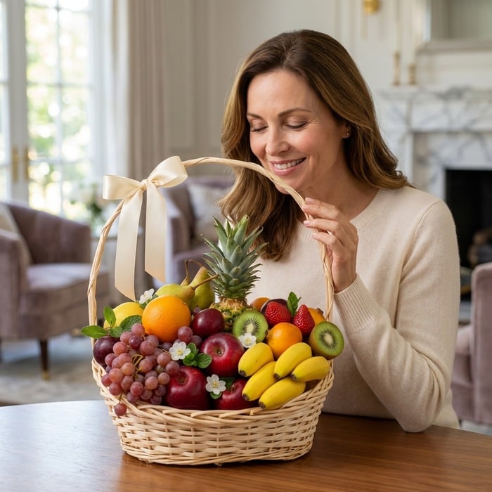 canasta frutas canes mujer admirando qp8lpi3b