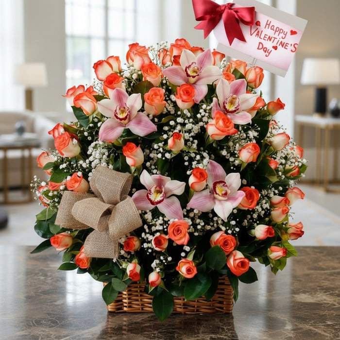 Basket of roses and orchids