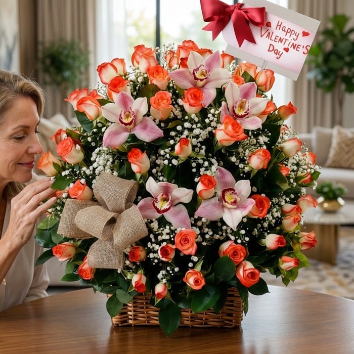 canasta rosas orquideas san valentin