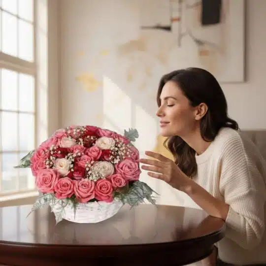 Mujer elegante admirando y oliendo una Cesta de Rosas Felicia con 21 flores bicolor (rosas y blancas) en un entorno de hogar