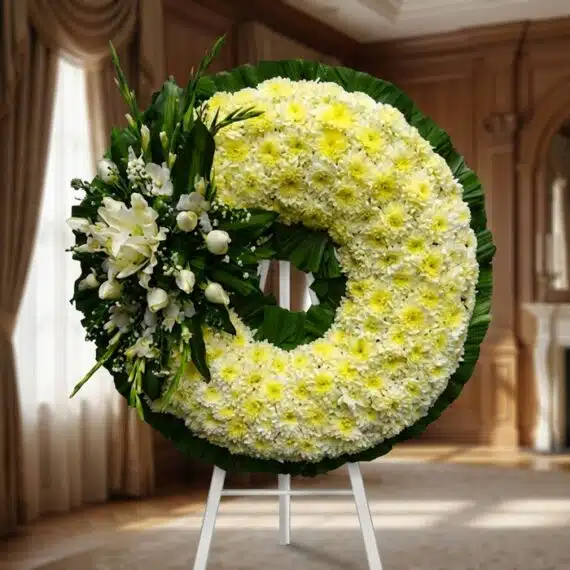 Corona fúnebre Bethesda con crisantemos blancos y lirios, en una sala de velación premium con luz natural suave y bokeh.