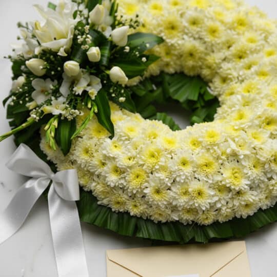 Fotografía macro premium de la Corona Fúnebre Bethesda, mostrando texturas hiperrealistas de pétalos blancos y follaje verde